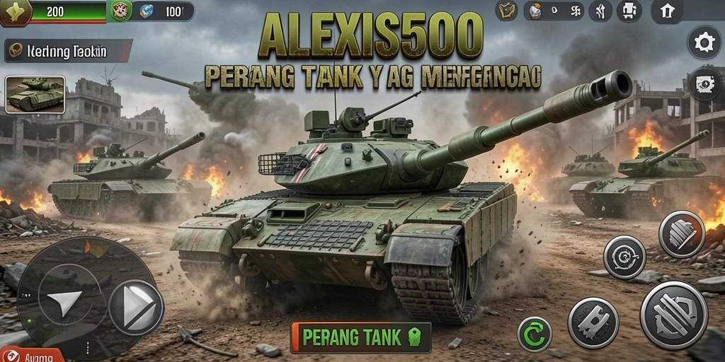Antarmuka permainan ALEXIS500 yang menampilkan tank dalam pertempuran.